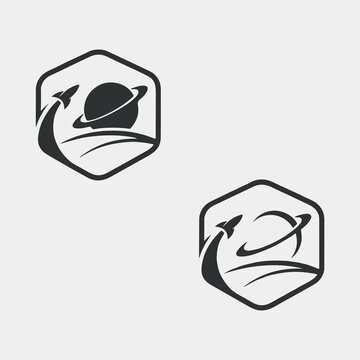 Minimalist space rocket logo icon set inside hexagon with planet saturn vector illustration