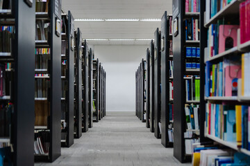 Empty library aisle between tall bookshelves for education and research concept © GreenLiving