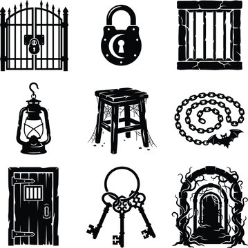 Spooky Halloween Dungeon Set with Gate, Lock, Lantern, Wooden Door, and Keys Vector