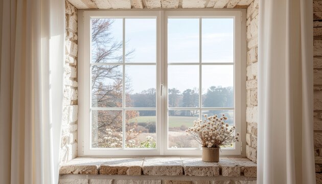 Charming European country house window with a view of rural landscape and dried flowers on a stone sill
