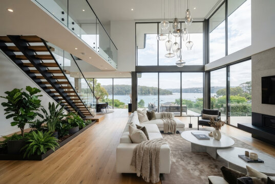 Modern luxury living room with glass staircase lake view