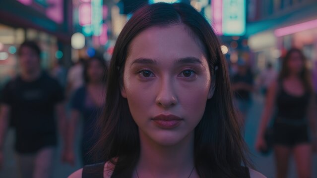 Close-Up of Young Woman with Serious Expression in Urban Night Scene