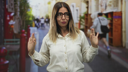 Fototapeta premium Middle aged woman wearing glasses making ok hand signs with raised hands on a busy street; thoughtful approval.
