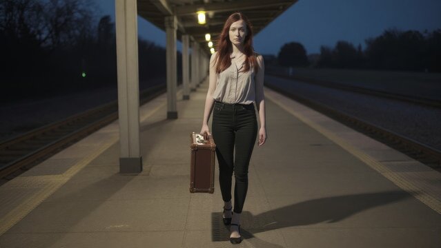 Young Woman with Vintage Suitcase Walking Alone on Train Platform at Night