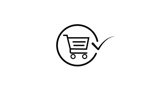 Shopping Cart E-Commerce Icon with Checkmark Line Art Animation Loop for Order Completed, Successful Purchase, Checkout, and Online Store