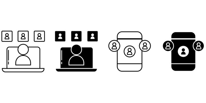 Laptop virtual meeting and smartphone multi user network vector icon set with line and filled styles