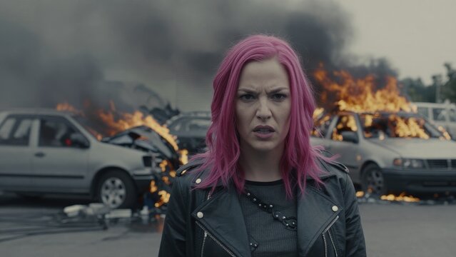 Strong Woman in Front of Burning Cars with Pink Hair and Leather Jacket