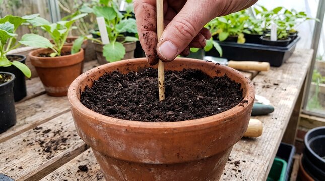 Hand pressing wooden dowel into soil in terracotta pot for planting seeds in greenhouse