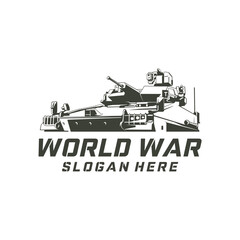 Naklejka premium Military War Tank Vector Logo Illustration. heavy military armored tank featuring prominent caterpillar tracks and a gun turret. This design symbolizes tactical power, defense, and military strength.