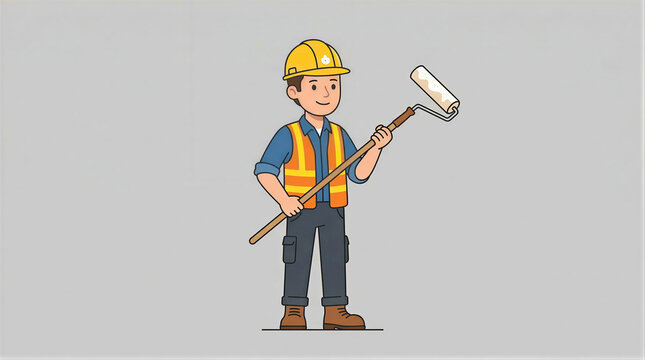 Man painter holding paint roller with long handle. Construction worker in safety vest and hard hat. Home renovation and house painting service. Professional repair and maintenance concept