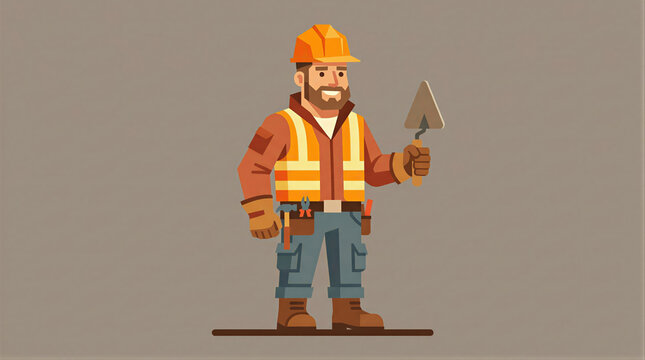 Smiling man builder holding trowel. Bricklayer construction worker in hard hat and safety vest. Flat vector illustration for building industry and manual labor concept