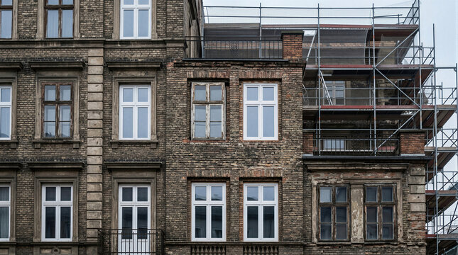 Old brick apartment building facade with scaffolding and new window. Urban restoration and old historic property renovation concept. Real estate redevelopment and construction work