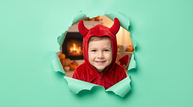 Child in red devil costume looking at camera through torn paper. Halloween, holiday celebration, costume party, children s event.