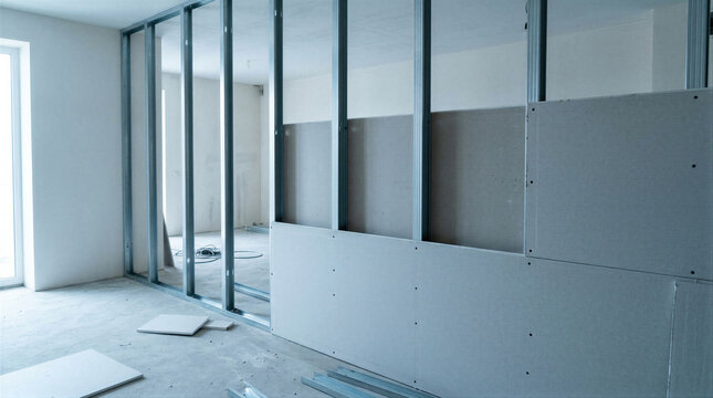 Interior of apartment under renovation with metal stud frame and gypsum drywall partition installation. Home remodeling and residential construction site concept for building repair work