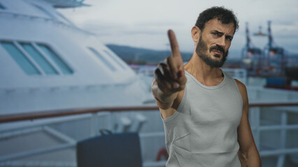 Fototapeta premium Man pointing finger toward camera on ship deck wearing sleeveless tank top with stern expression and outstretched arm; warning tension.