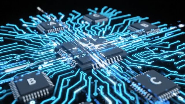 Circuit Board Microchip Power: A complex and vibrant circuit board illuminated by glowing blue light, showcasing intricate pathways and multiple microchips.
