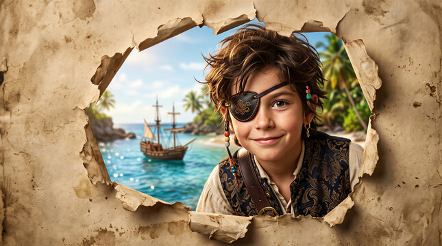 Young pirate boy with eye patch looking at camera through torn parchment. Treasure hunt, adventure, childrens book, game.