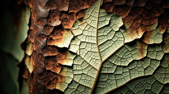 Macro view shows cracked light green paint on rusty metal surface. Leaf veins mimic abstract pattern. Aged material texture looks like cracked earth, detailed decay.
