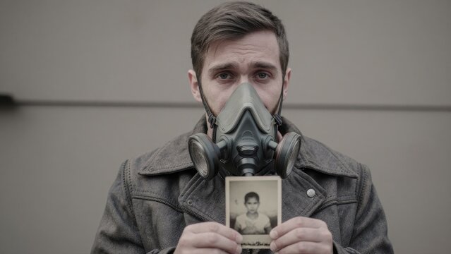 Man with Gas Mask Holding Childhood Photo in Urban Environment