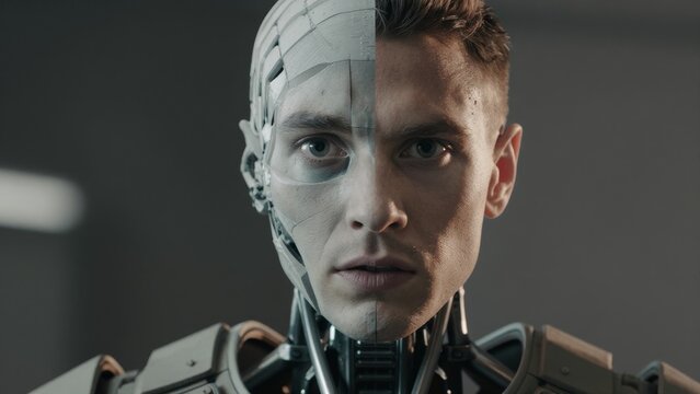 Futuristic Robot Man with Half Human Face and Mechanical Features