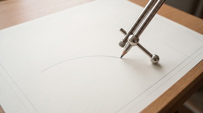 Metal drafting compass drawing a curved line on white paper for architectural design work