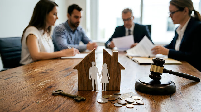 Divorce and separation legal concept with gavel, split house model, couple sitting at table signing documents, lawyer consultation, estate division, key and coins, relationship breakdown