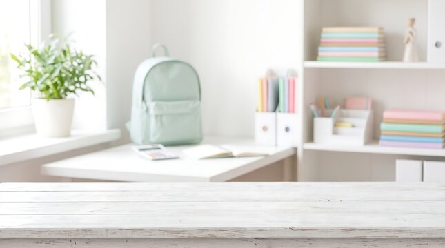 Empty white wooden table top in bright study room with backpack and books for product mockup back to school display.