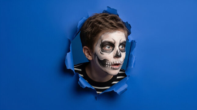 Boy with skull face paint peeking through torn blue paper. Halloween costume, spooky theme, creative concept.