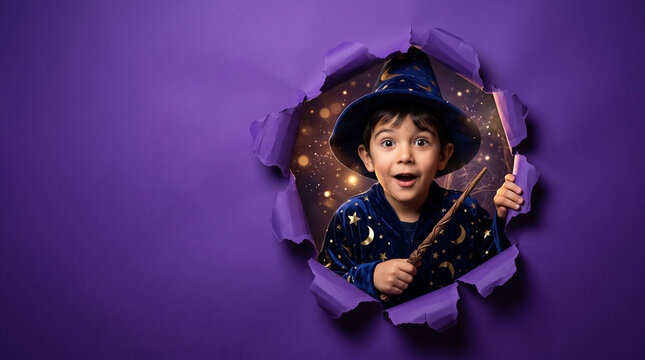 Young boy dressed as wizard peeking through torn purple paper holding magic wand. Halloween, children s party, fantasy theme, education.