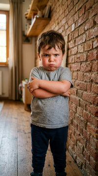 Young boy standing with arms crossed and a grumpy facial expression in a home interior