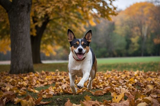 Perro peque&ntilde;o corriendo entre hojas secas en un parque arbolado durante el oto&ntilde;o