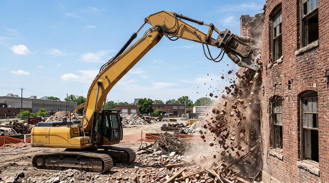 Yellow excavator demolishing old brick building wall with falling debris. Heavy machinery tearing down abandoned structure. Urban redevelopment and construction site demolition concept