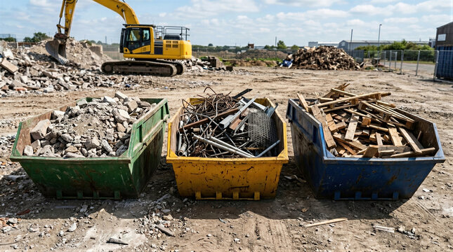 Three skip container with sorted construction waste concrete rubble scrap metal and wood on demolition site. Recycling separation and sustainable building material reuse and circular economy concept