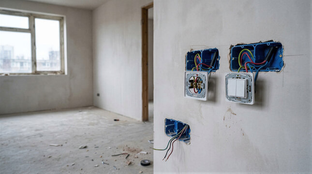 Unfinished wall with exposed electrical wiring and light switch during apartment renovation. Home repair and construction concept with installation of power outlet and cable connection