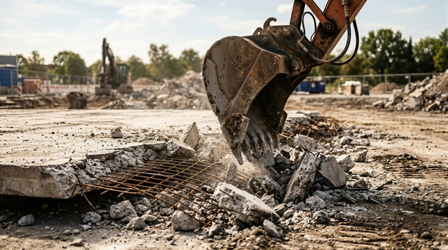 Excavator bucket breaking reinforced concrete slab at demolition site. Heavy machinery demolishing foundation with rubble and rebar. Construction deconstruction and industrial destruction concept