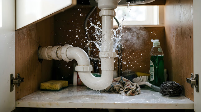 Broken pipe leaking water in cabinet, plumbing failure burst hose dripping under sink, maintenance repair emergency concept