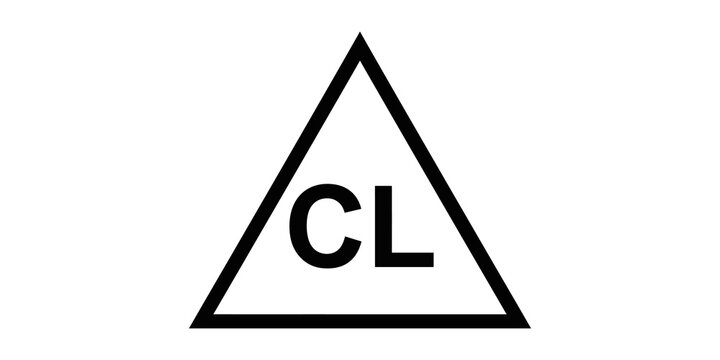 Bleach warning symbol in black triangular outline with bold CL letters for chemical safety labeling.