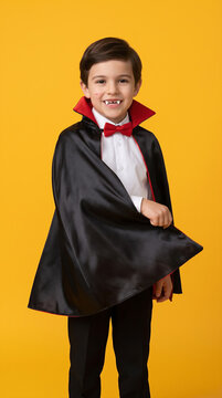 Young boy dressed as vampire with fangs and red cape against yellow background. Halloween costume, children s party, cosplay, entertainment.
