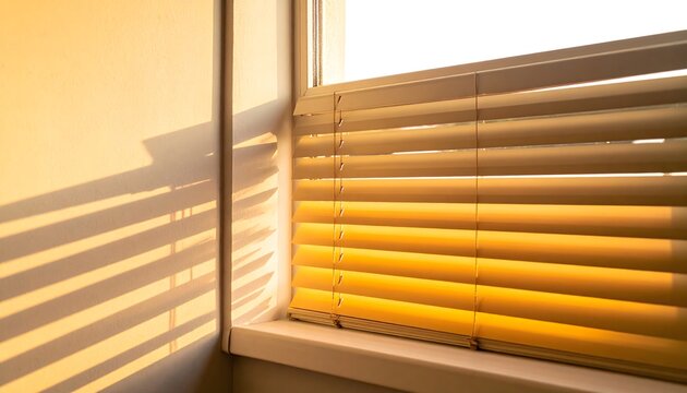 Persianas venecianas de madera con luz c&aacute;lida del sol proyectando sombras sobre una pared interior
