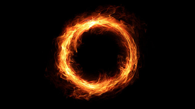 A vibrant ring of bright orange and red fire burning intensely against a pitch black background. This fiery circular design works great as a dynamic overlay for action movie.