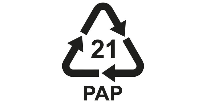 Black recycling symbol with number 21 and PAP code indicating paper material for recycling.