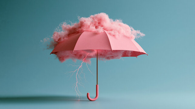 A pink umbrella sheltered under a storm cloud with lightning bolts represents emotional distress. Use this for mental health and psychological pressure design concepts.