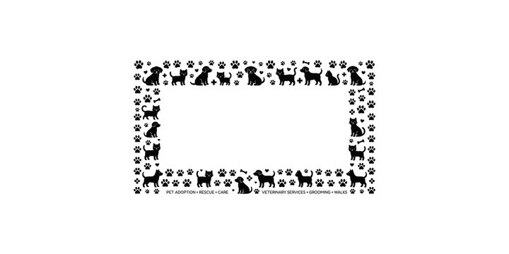 Pet themed decorative frame with cats dogs and paw prints for animal service advertising.