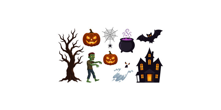Collection of vibrant halloween-themed illustrations including zombies, pumpkins, haunted house, and spooky elements.