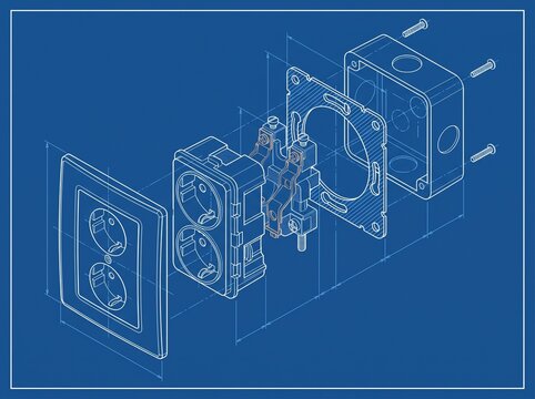 Technical Blueprint Illustration of an Assembled Electrical Wall Socket.
