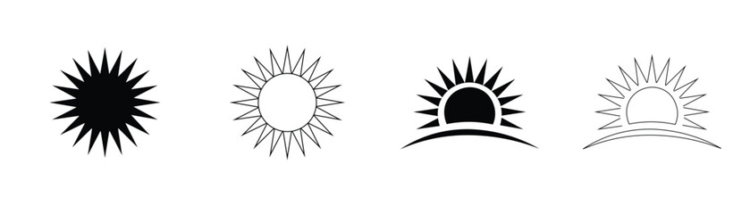 Fototapeta premium Sun icon set vector illustration featuring sunburst sunrise linear and filled geometric solar symbols for climate weather nature web design projects