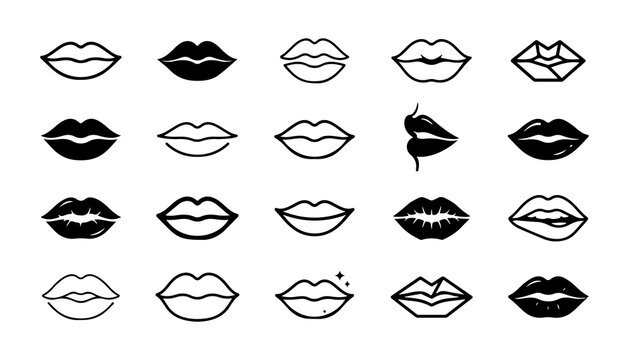 Lip Icons Collection on Grid with Various Styles and Expressions. Black and White Vector Design and Outline and Filled