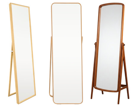 Three full-length mirrors with wooden frames, isolated on a white background.