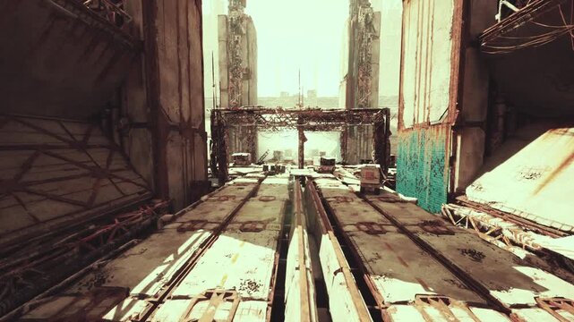 sunlit industrial loading lane with small van delivery vehicle rolls along track beside graffitistreaked wall and scaffolding echoing footsteps expected