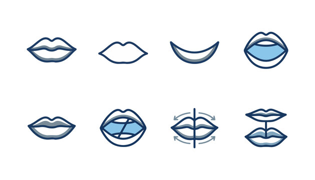 Medical Lip Icons Set with Blue Outlines and Open Mouth Designs. Vector Illustration of Facial Features and Anatomy